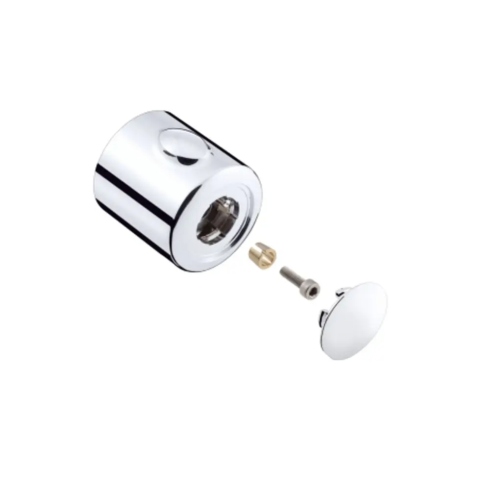 Chromfarbener Ab- und Umstellgriff von Hansgrohe. Die Komponenten umfassen einen zylindrischen Griff und zwei Befestigungselemente.